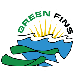 Green Fins logo with stylized sun rays, blue waves and green fins for marine conservation in Nusa Lembongan.