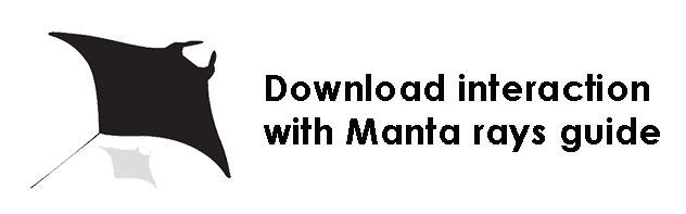 Stylized black manta ray silhouette and small white ray icon beside the text "Download interaction with Manta rays guide".