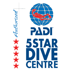 PADI 5 Star Dive Centre logo with a red diver silhouette inside a blue globe, PADI text and five red stars alongside.