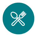 4 Crossed spoon and fork white icon on teal circle indicating dining and restaurants on Nusa Lembongan.