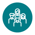 6 White line icon of five people on a teal circle indicating a group gathering for Nusa Lembongan tours.