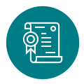 10 White line icon of a certificate or rolled document with a ribbon on a teal circular background