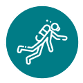 11 Two scuba divers with fins and tanks in white silhouette on a teal circular icon.