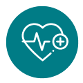 9 White heart with an EKG-style line and a small plus sign centered within a teal circular icon.