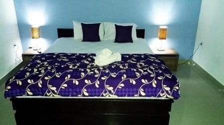 White-sheeted bed with a purple floral bedspread and two dark purple pillows against a light blue wall, lit by bedside lamps