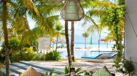 Shaded terrace overlooking pool, sun loungers and palm-fringed beach on Nusa Lembongan, inviting relaxation.