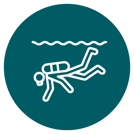 White outline icon of a scuba diver with tank and mask swimming under a wavy water surface on a teal circular background