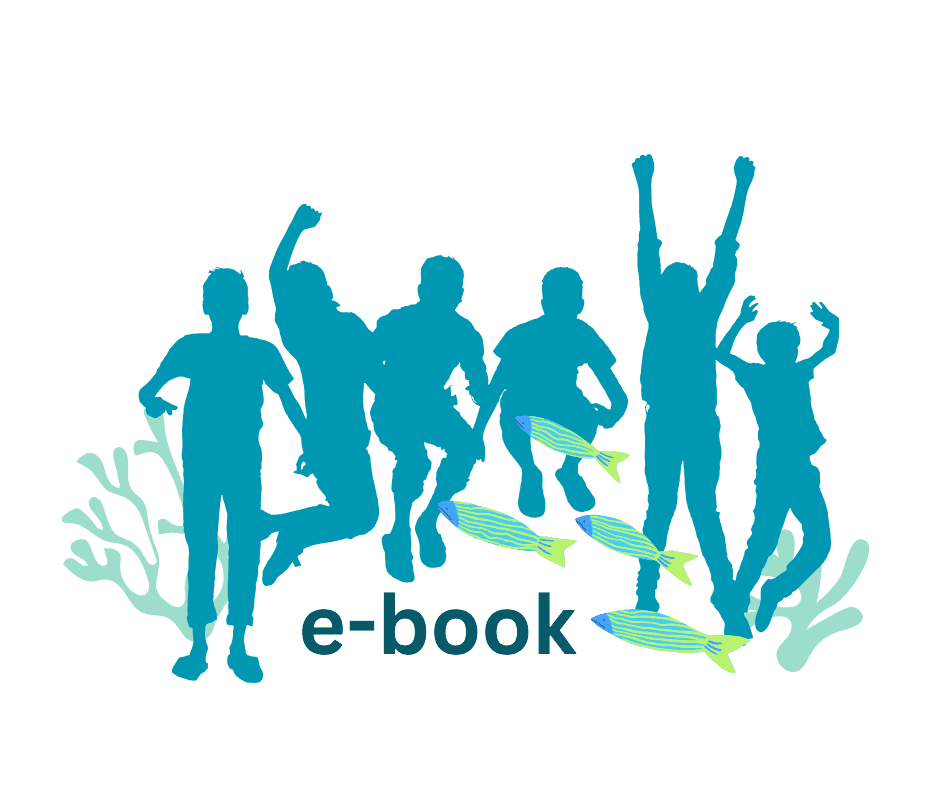 Seven teal silhouettes of jumping children with striped fish and seaweed, the word e-book centered beneath them.
