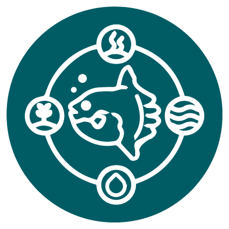 White line icon of a fish in a teal circle, with a surrounding ring linking four small symbols: plant, wavy lines, droplet, and three curved lines