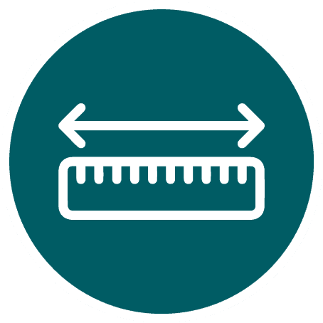 Ruler with a horizontal double-headed arrow above it, symbolizing width or measurement, white on a teal circular background