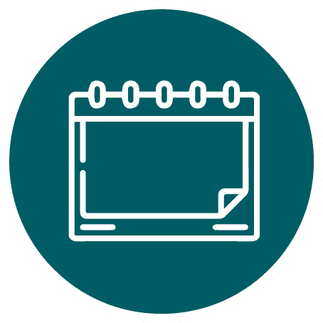 Spiral-bound desk calendar icon with a folded corner inside a teal circular badge
