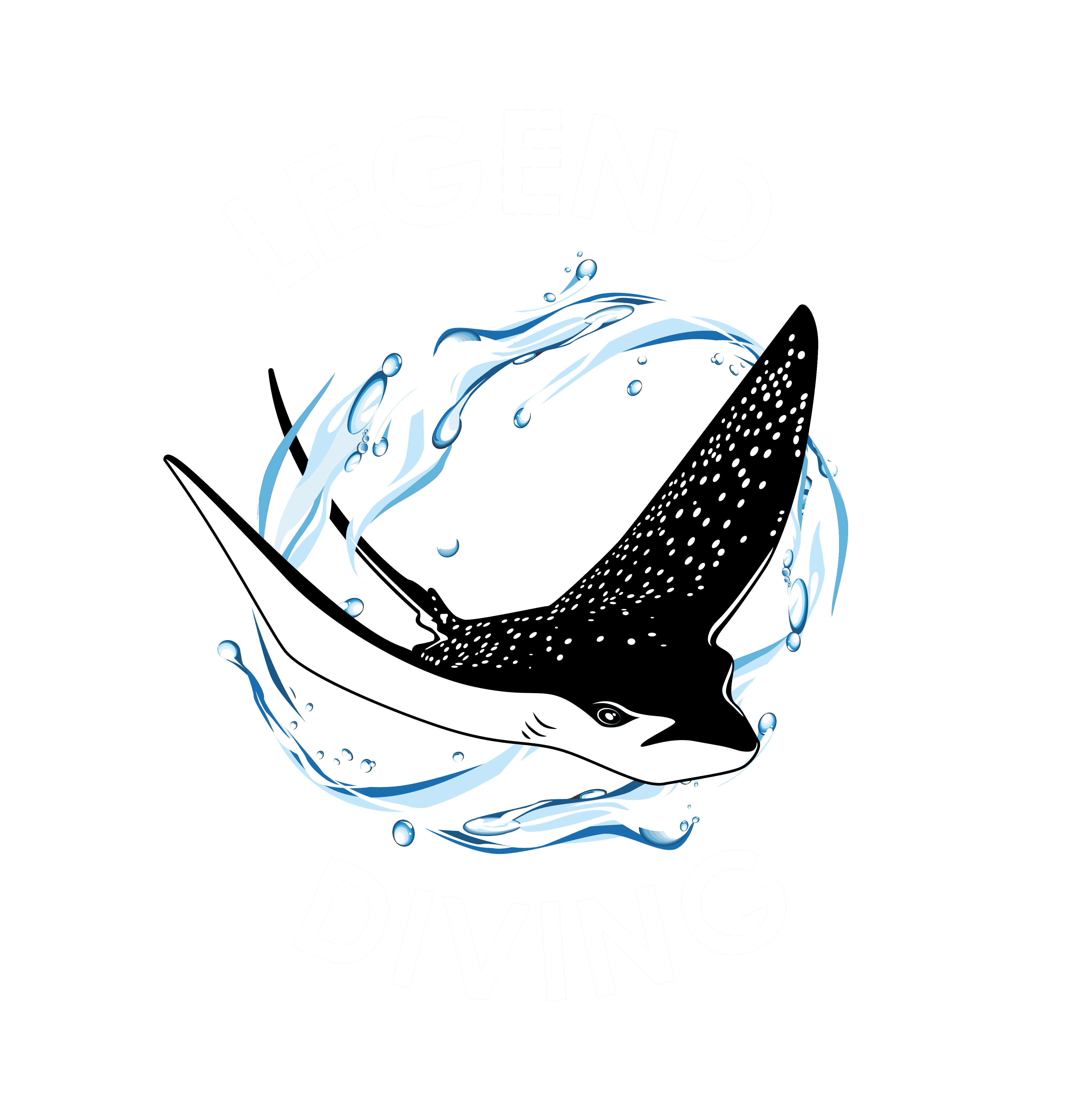 Spotted ray arcing through stylized blue water swirls with the words LEGEND above and DIVING below.