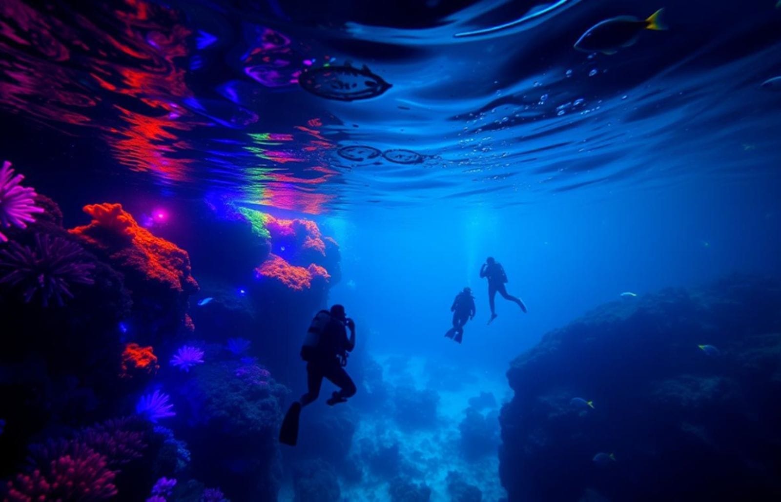 Three scuba divers exploring a vibrant neon-lit coral reef off Nusa Lembongan, swimming over a deep blue underwater canyon.