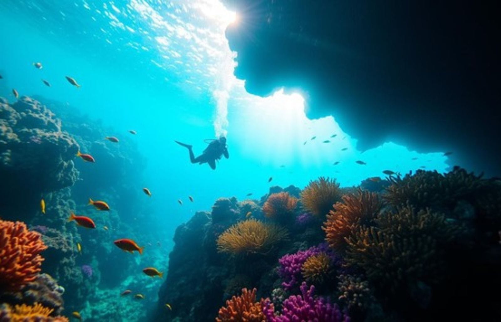 Scuba diver exploring colorful coral reef and fish near an underwater cave off Nusa Lembongan, sunlight filtering down.