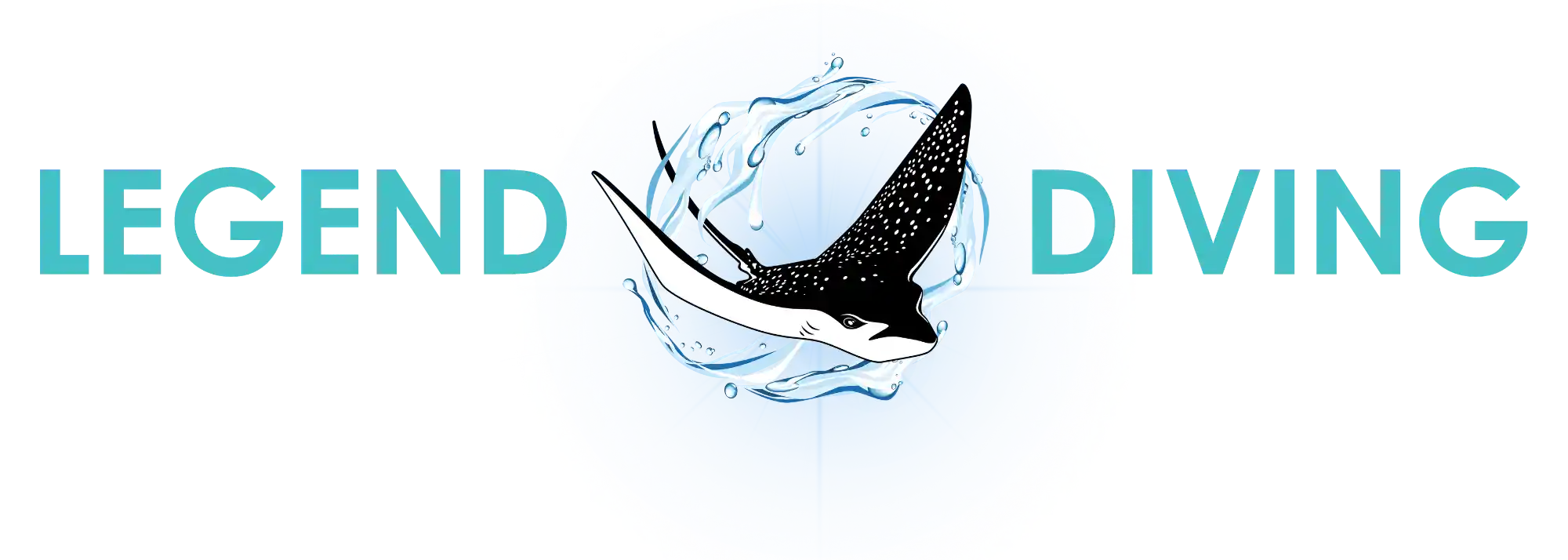 Stylized logo of a black-and-white spotted manta ray swimming inside a pale blue water circle, flanked by turquoise text reading LEGEND DIVING.