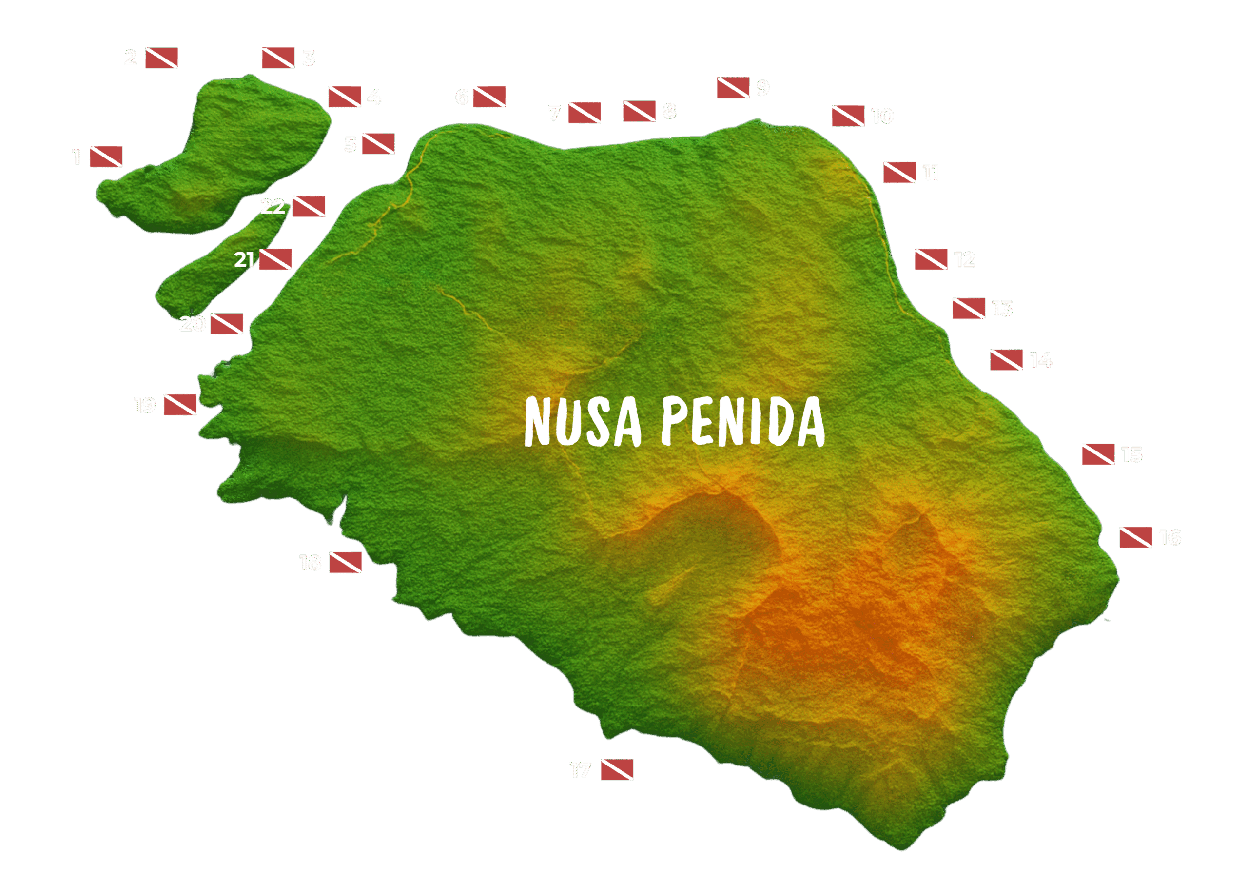 Topographic map of Nusa Penida showing numbered scuba dive-site flags around the coast and adjacent Nusa Lembongan