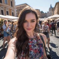 Person with long dark hair taking a selfie in a crowded sunlit cobblestone square with outdoor umbrellas, wearing a floral top