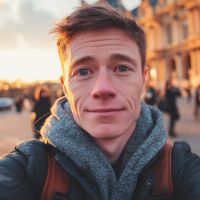Man taking a selfie at sunset, wearing a gray scarf and backpack, with a blurred building and people behind him.