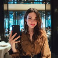 Woman with long wavy brown hair in a brown blouse smiling and taking a selfie at a restaurant table.