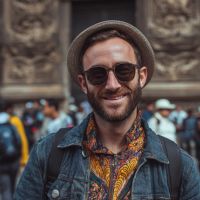 Smiling bearded man in round sunglasses and straw hat wearing a patterned shirt and denim jacket, in front of an ornate stone facade.