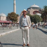 Bearded man in a light suit and straw hat stands on cobblestones with a domed mosque and minaret behind him.