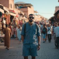 Bearded man wearing sunglasses, a blue shirt and shorts, hands in pockets on a busy outdoor market street.