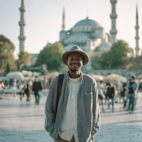 Smiling man wearing a hat and casual jacket standing in a crowded square with a large mosque and minarets in the background.