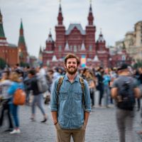 Smiling bearded man with backpack standing in crowded Red Square before the State Historical Museum, blurred people behind