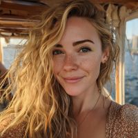 Woman with long wavy blonde hair and freckles smiling inside a wooden boat cabin with water visible outside.